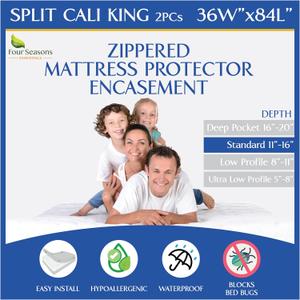 Split Cali King Mattress Encasement 36" x 84" (2PCs) - Waterproof Zippered Protector Hypoallergenic Premium Quality Cover for Adjustable Beds and Split Mattresses (11"-16" Depth)