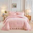 Joyreap Queen Size Comforter Set Blush Pink, 3pcs Lace Ruffled Bedding Comforter Set, Microfiber Vintage Boho Chic Bedding Set for All Season- 88x88 inches