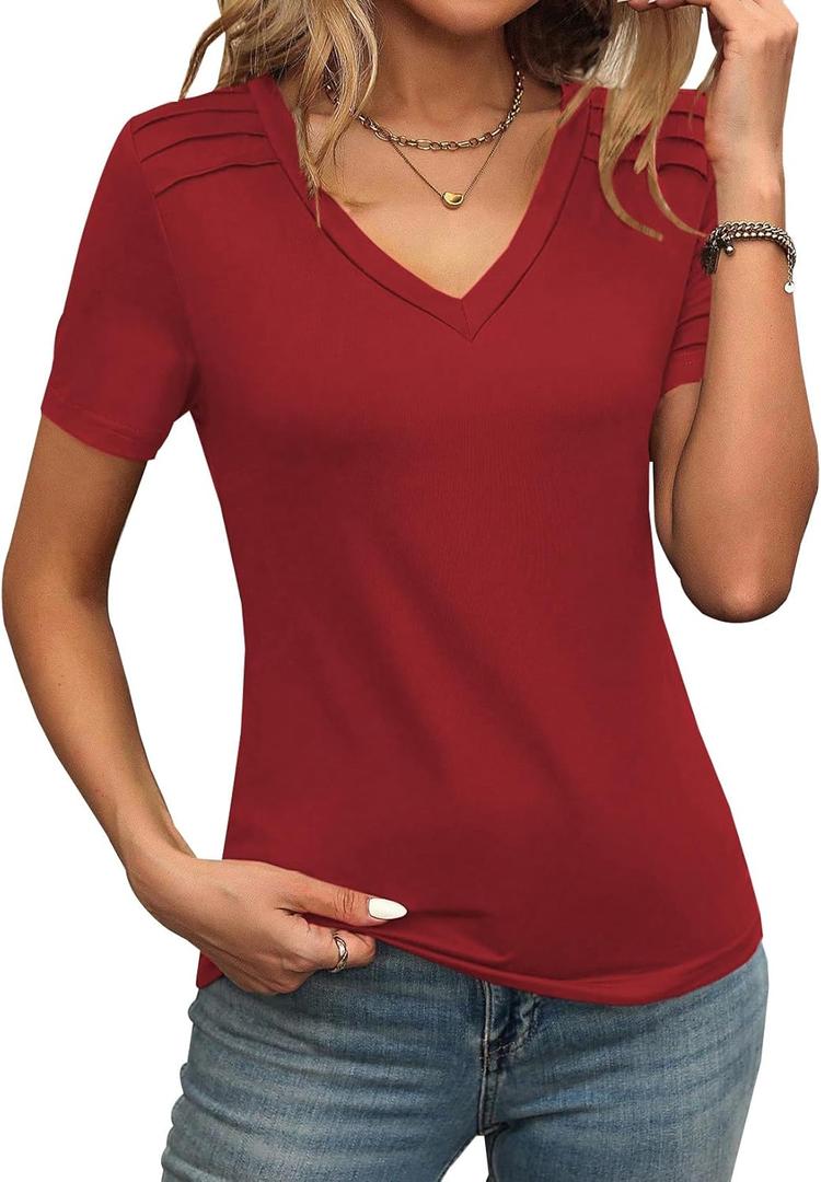 LOLONG Womens Tops Summer Short Sleeve V Neck T Shirts Casual Basic Tees Trendy (X-Large, Red)