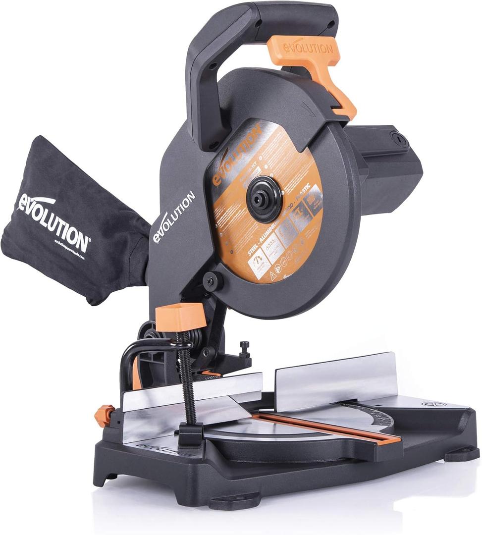 Evolution Power Tools R210CMS Compound Miter Saw, 8-1/4" Multi-Material Cutting TCT Blade Included Cuts Wood Metal Plastic & More, 45 - 45 Degree Miter & 45 Degree Bevel Angles, 1200W, 8-1/4"