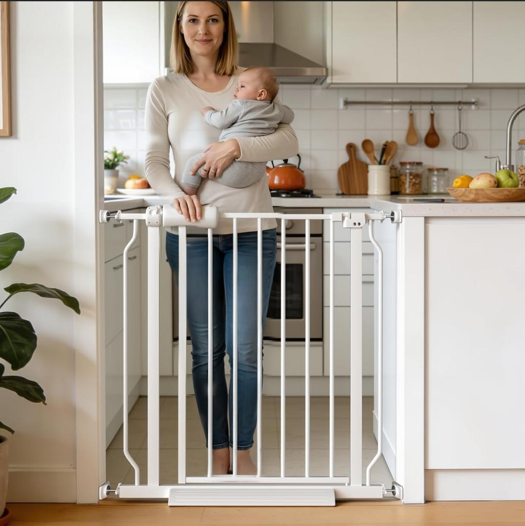 Narrow Baby Gate 24 to 29 Inch Wide Pet Gate Pressure Mounted No Drill Safety Gate Walk Through Metal Child Gate for Kids Stairs or Pets Indoor, White