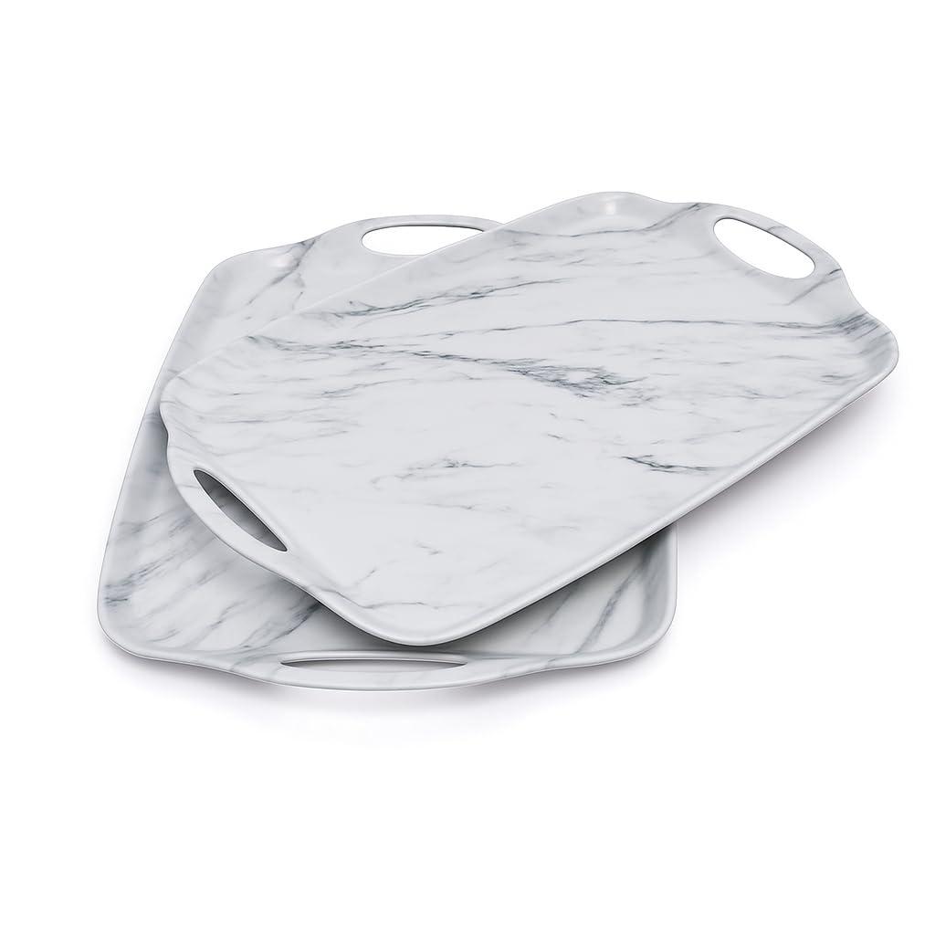 TP Serving Tray with Handles, Large Rectangle Melamine Serving Platter Set of 2, Pure White (19” x 12”)