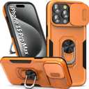Phone Case for iPhone 15 Pro Max Case iPhone 15 Pro Max Phone Case with Camera Lens Cover, with Ring Holder Kickstand, fit Magnetic Car Mount, for iPhone 15 ProMax - Orange
