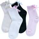 Womens Bow Socks Ruffle Casual Crew Black Whitte Soft Breathable Cotton 4 Pairs Socks (One Size)