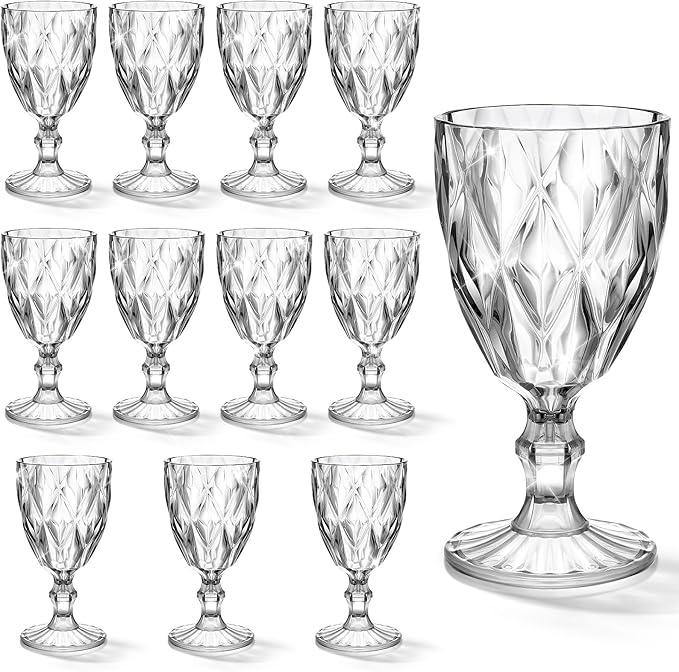 Tioncy 12 Pcs Plastic Wine Glasses Vintage Stemware Water Goblets 11 oz Unbreakable Wine Glasses Bulk Reusable Party Drinking Cup Champagne Flute for Wedding Reception Shower Bar Birthday(Clear)