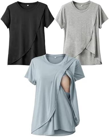 Rnxrbb Small Summer Nursing Tops for Breastfeeding T Shirts Short Sleeve Postpartum Clothes Set of 4, XS