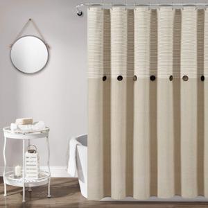 Lush Decor Farmhouse Button Stripe Yarn Dyed Cotton Blend Shower Curtain Single 72" W x 72" L Linen - Rustic Shower Curtains for Bathroom - Bath Curtain
