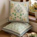 Spring Floral Block Print Pillow Cover, Euro Shams Decorative Pillow Covers 18x18 for Couch Sofa Bed Living Room, Blue Bloom