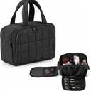 Huhumy Travel Toiletry Bag, Puffy Checkered Makeup Bag for Women, Large Quilted Wide-open Lightweight Cosmetic Organizer with Handle for Accessories, Essentials, Toiletries (Black)