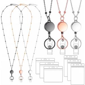 Lanyards for Id Badges 3 Pack Badge Lanyard with 6 Pcs Id Badge Holder Retractable Stainless Steel Teacher Lanyard Cruise Ship Lanyards for Girl Women (Black, Silver, Rose Gold)