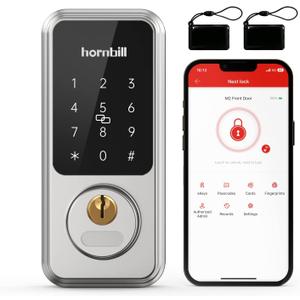 Smart Front Door Locks Deadbolt: Hornbill Keyless Entry Door Lock, Electronic Digital Door Lock with Keypad, Bluetooth Smart Deadbolt App Control, Auto Lock for Homes and Hotel (Silver)
