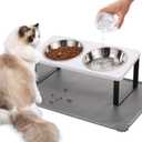 Upgraded Elevated Cat Bowls with Food Mat,15Tilted Stand Anti Vomiting Raised Cat Dishes for Food and Water,2 Stainless Steel Bowls for Cats and PuppyWhite