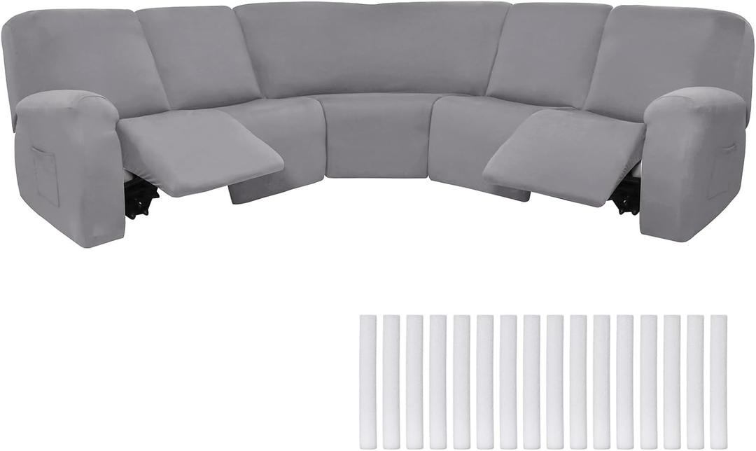 Peryiter 7 Pcs L Shape Sectional Recliner Sofa Covers 5 Seat Sectional Couch Covers Milk Silk Velvet Stretch Reclining Sofa Slipcover Furniture Protector for Living Room(Light Gray,Milk Silk)