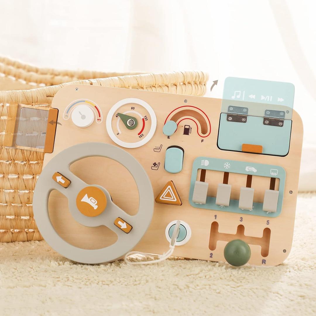 Wooden Montessori Steering Wheel Sensory Activity Board for 1-4 Year Olds, Fine Motor Skills, Travel Busy Board Educational Toys for Boys and Girls (Simulated Driving)