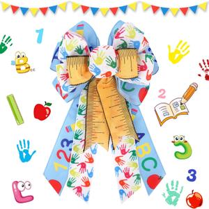 Back to School Bows for Wreath, Back to School Decorations Colorful Burlap Bow for Tree Topper, Bus, Wall, First Day of School Indoor Outdoor Decorations Supplies (Blue and White)