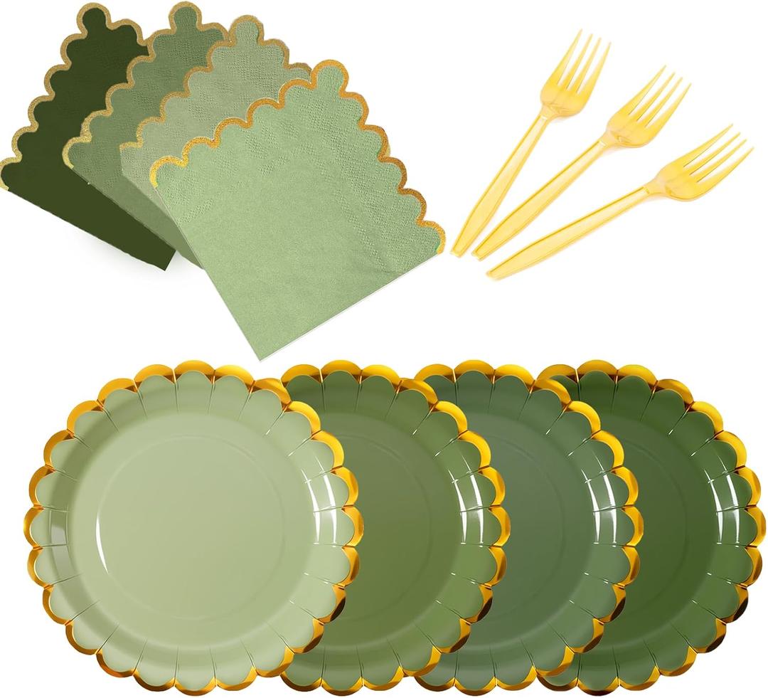Green mix scalloped party plates with napkins and fork gold foil border, 24 Guest disposable Tableware Set Sage Green Party Decoration for Birthday Coquette Bridal Baby Shower Valentines