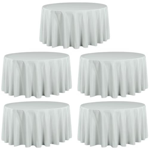 LTC LINENS 5 Pack 120 Inch Round Tablecloth Silver - Bulk for 60 Inch Round Table Floor Length - Washable, Wrinkle Resistant Polyester Fabric Cloth for Parties ( Only 1 Like New)