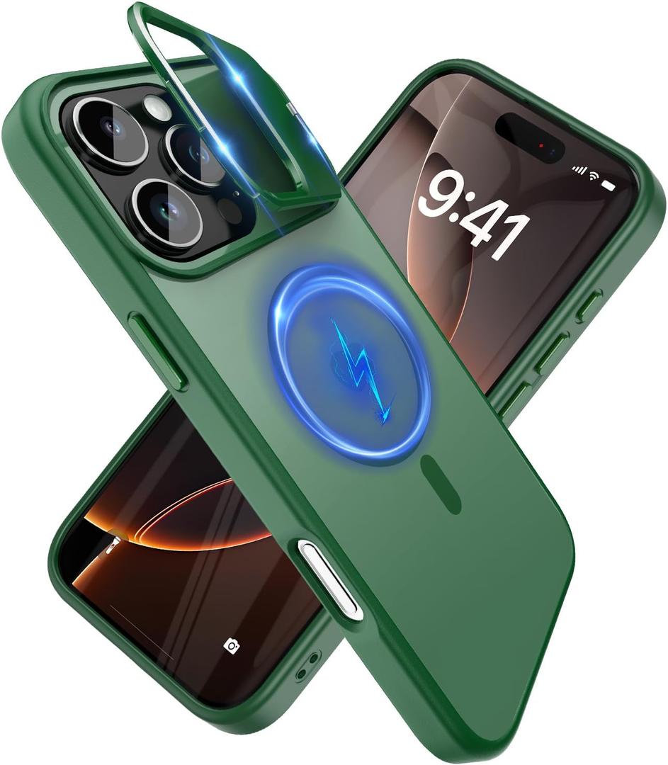 YFEMLAZ for iPhone 16 Pro Max Case(Built-in Invisible Kickstand) Heavy Duty MagneticCompatible with MagSafe Military-Grade Drop Protection,Translucent Matte for iPhone 16 Pro Max Case 6.9",Green