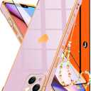 Likiyami (2in1 for Apple iPhone 14 Plus Case Heart Women Girls Girly Cute Luxury Pretty Aesthetic Trendy Phone Cases Purple Lavender and Gold Love Hearts Cover+Screen+Chain for iPhone 14 Plus 6.7"