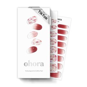 ohora Semi Cured Gel Nail Strips (N Brilliant) - Red, Patterned, Works with Any UV/LED Lamps, Salon-Quality, Long Lasting, Easy to Apply & Remove - Includes 2 Prep Pads, Nail File & Wooden Stick