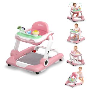 Baby Walker with Wheels, 5 in 1 Walker for Baby Boy Girl 6-12 Months with Bouncer, Music and Lights Baby Jumper Activity Center, Adjustable Height Speed, Push Walker for Ages 6-18 Months Toddler (Pink)