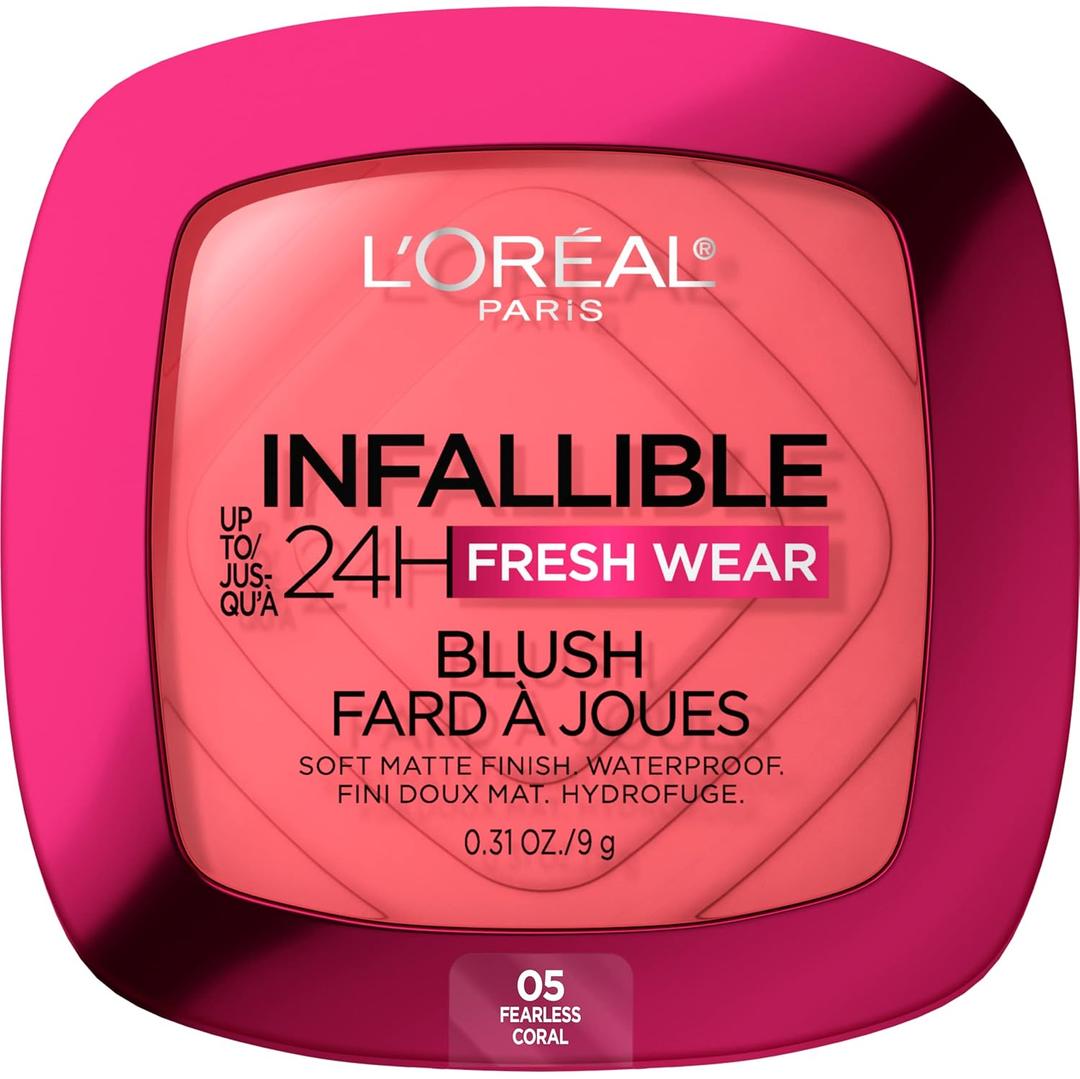 L'Oreal Paris Infallible Up to 24H Fresh Wear Soft Matte Blush, Blendable, Long Lasting and Waterproof Cheek Make Up, Fearless Coral 05, 0.31 Oz