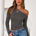 PRETTYGARDEN Womens Off the Shoulder Long Sleeve Shirts | Soft Stretchy Knit Blouse, Slim Fit Asymmetrical Tees, Ruched Going Out Y2K Tops, Spring Fall Trendy Clothes for Date Night (L)