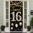 Sweet 16 Birthday Decorations Door Banner, Black Gold Happy Sweet 16 Birthday Decorations for Girls Boys, Sweet Sixteen Party Decorations, Door Cover Sign Decoration Backdrop, 6.1ft x 3ft Fabric PHXEY