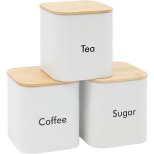 Juvale Coffee Tea Sugar Container Set - White Iron Kitchen Canister Set with Bamboo Lids (3 Pieces, 48 oz)