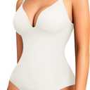 LODAY Shapewear Bodysuits for Women Deep V Neck Body Suit with Built in Bra (X-Small, White)