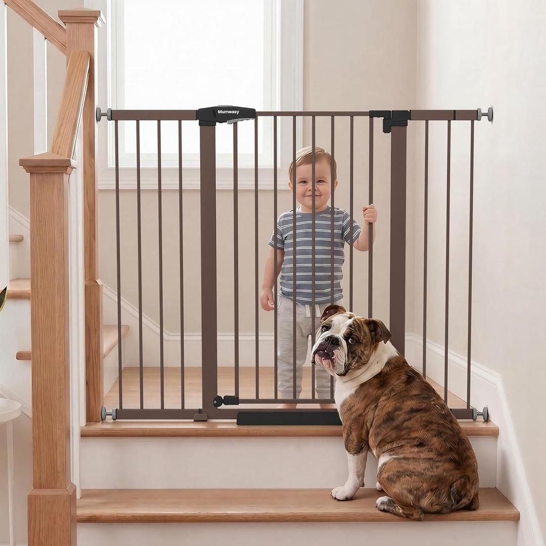 Mumeasy 36" Extra Tall Baby Gate for Stairs, 29.7-51" Wide Dog Gates Indoor for Doorways with Easy Walk Thru, Auto Close Pet Safety Gate for House, Pressure Mounted Metal Child Gate with Door, Brown