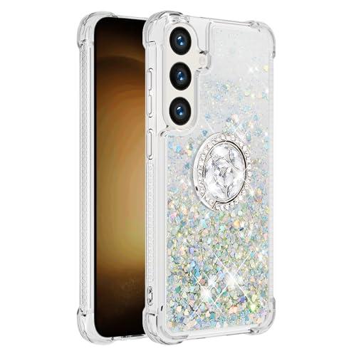 Eilkmcre for Samsung Galaxy S24 5G Case with Ring Kickstand, Clear Glitter Bling Sparkle Quicksand Flowing Liquid Soft TPU Shockproof Protective Phone Cover for Samsung Galaxy S24 5G, Silver