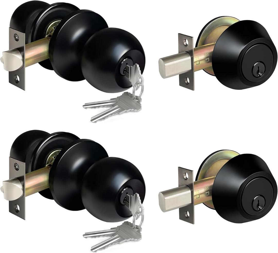 BESTTEN 2 Pack Keyed Same Exterior Door Knobs and Single Cylinder Deadbolts Combo Set, Keyed Alike Entry Door Knobs with Locks and Keys for Entrance and Front Door, Matte Black