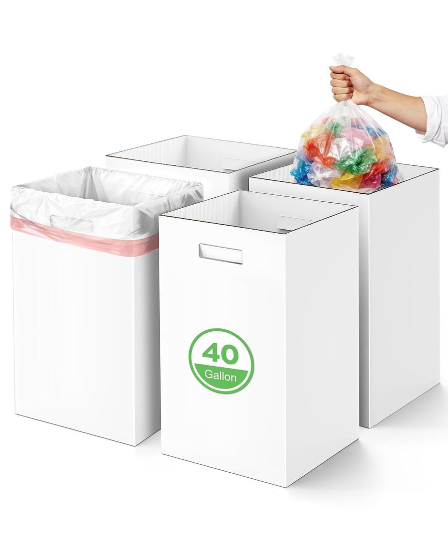 4 Pack 40 Gallon Corrugated Cardboard Disposable Trash Cans, White