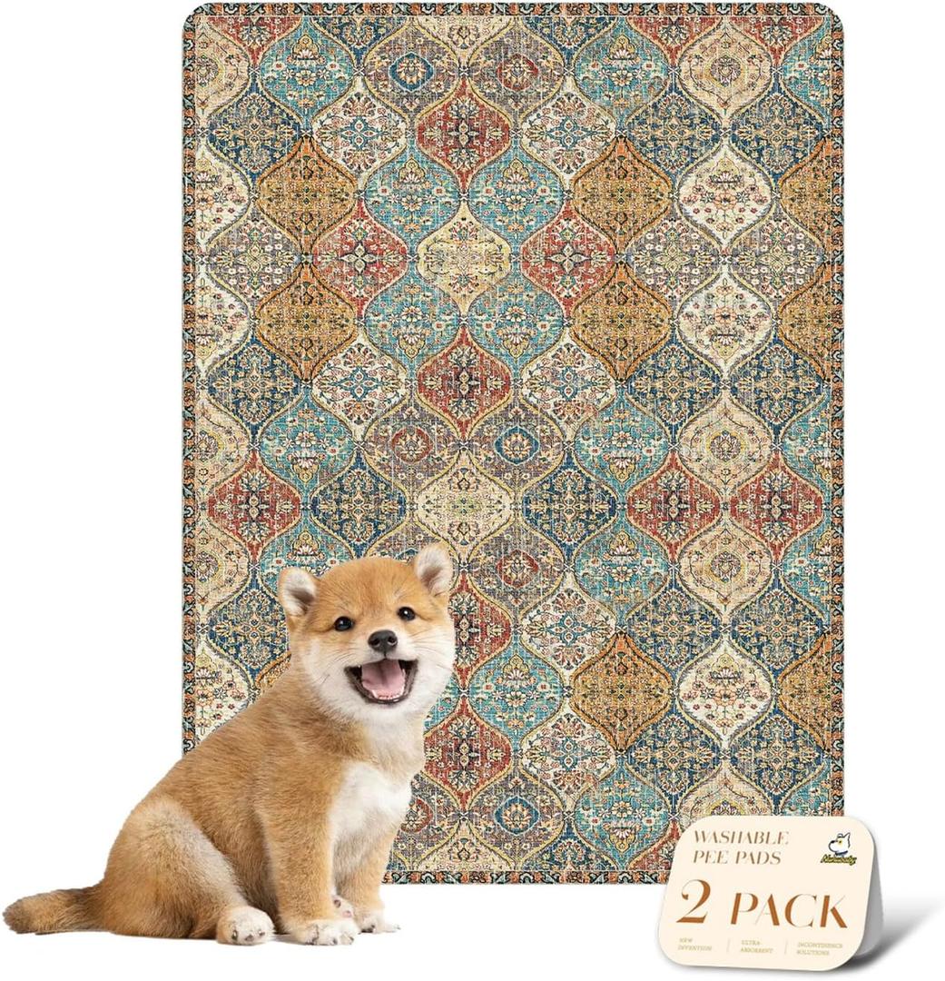 nunubaby Washable Pee Pads for Dogs, Stylish, Non-Slip and Leak-Proof Pee Mat. ultra-absorbent Reusable potty pad for Crates and Floors.(Cream/Multi, 18" x24" ) (18x24 Inch (Pack of 2), Cream/Multi)