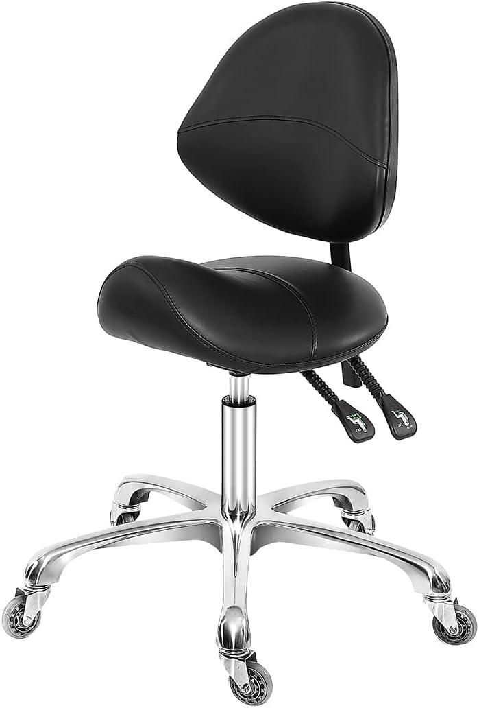 Saddle Stool Dental Hygienist Chair with Back Support, Rolling Esthetician Saddle Stool for Lash Salon Tattoo Shop Spa Dentist Clinic, Black, Adjustable Height 20-28 Inches, 100% Molded Foam Seat