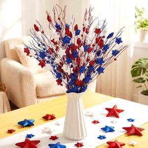 Sureio 18 Pcs 17 Inch Patriotic Red White Blue Picks and Sprays Glitter Floral Picks for 4th of July Decoration 250th Independence Day Memorial Day Home Office Vase Filler Table Centerpieces Decor