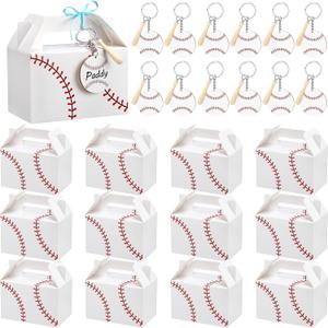 Marspark 12 Sets Baseball Treat Snack Gift Boxes with Wood Baseball Keychains Party Favors Mini Ball Bat Decorations Candy Goodie Cookies Bags Sports Birthday Event Supplies Sports Enthusiasts Gifts