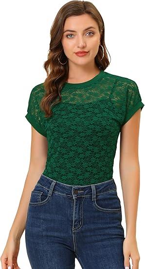 Allegra K Women's Lace Floral Blouse Short Sleeve Dressy Casual Shirt Crew Neck Sheer Top Medium Dark Green