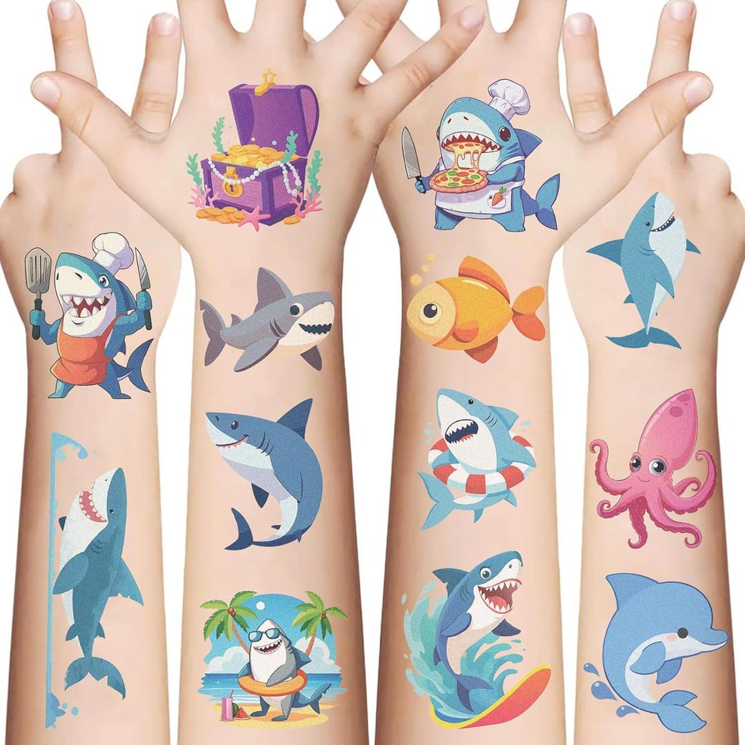 10 Sheets Shark Temporary Tattoos Birthday Themed Party Supplies Decoration Favors Cartoon Cute Sticker for Kids Boys Home Activity Class Prizes Carnival Christmas Rewards (green)