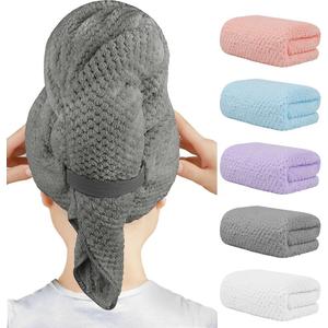 HOMEXCEL 5 Pack Microfiber Hair Towels - 40 x 20 inches Super Soft, Fast Drying Turbans for Long, Thick, Curly Hair - Anti Frizz Wrap with Elastic Strap