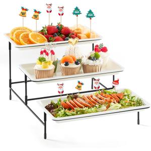 Lifewit 3 Tier Plastic Serving Tray for Party Supplies, 12" x 6.5" Crack-Proof Platters for Serving Food, White Reusable Trays with Black Metal Display Stand for Veggie, Fruit, Cookies, Dessert (19.5" x 12" x 8.3")