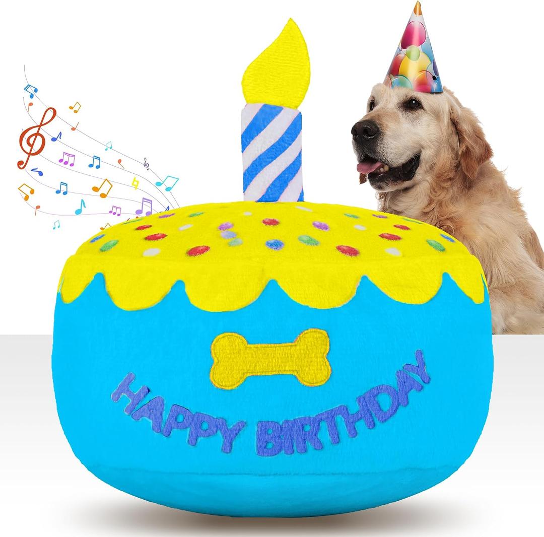 Dog Birthday Cake Toy 5.9", Larger Plush Dog Gift with Electronic Music Box, Plays Happy Birthday Song & Puppy Bark Melody, Party Decoration for All Breeds Dogs, Blue