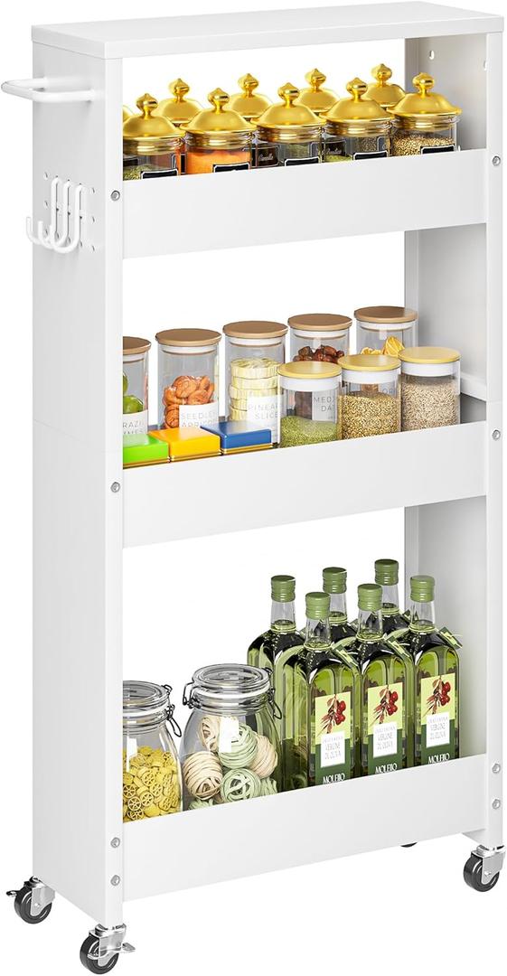 XYZLVSI Slim Storage Cart, 4 Tier Rolling Kitchen Cart on Wheels for Small Space, Narrow Laundry Bathroom Organizers Mobile Shelving Unit Metal Utility Cart with Handle, 5.9in Width, White