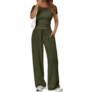Trendy Queen 2 Piece Matching Summer Sweatsuit Lounge Set Womens Wide Leg Pants Side Ruching Crop Top Sets (Green, M)