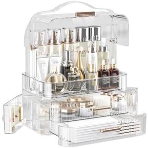 LINFIDITE Cosmetics Storage Box Transparent Lid Large Makeup Organizer Box Drawers Portable Handle Waterproof Dustproof Skincare Display Cases for Countertop, Bathroom, Dresser,Gift Clear Green