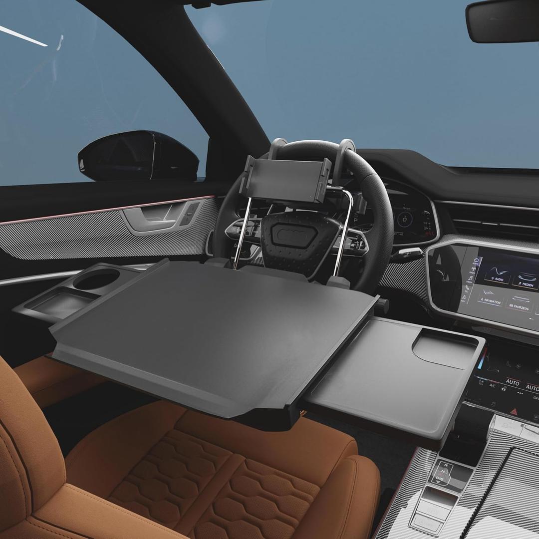 2 in 1 Large Car Steering Wheel Tray/Back Seat Headrest Table with Phone Holder for Eating Food Drink and Writing Work, Car Steering Wheel Desk Laptop Mount - Gifts for Truck Drivers