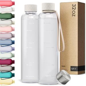 KIVY Slim Water Bottle 32oz [Lightweight & Shatterproof Tritan] Fits Backpack & Cupholder for Travel, Sports, School, Gym - Clear water bottle with measurements - Transparent Beige - Dishwasher Safe
