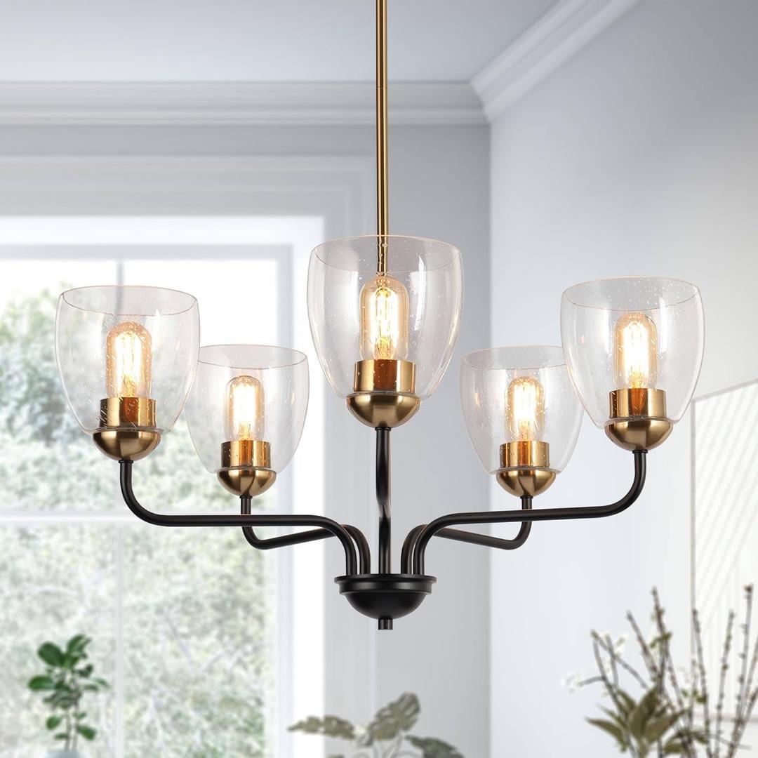 KSANA Black Gold Chandelier, Modern 5-Light Dining Room Chandelier Light Fixture with Seeded Glass for Kitchen Island, Living Room and Bedroom
