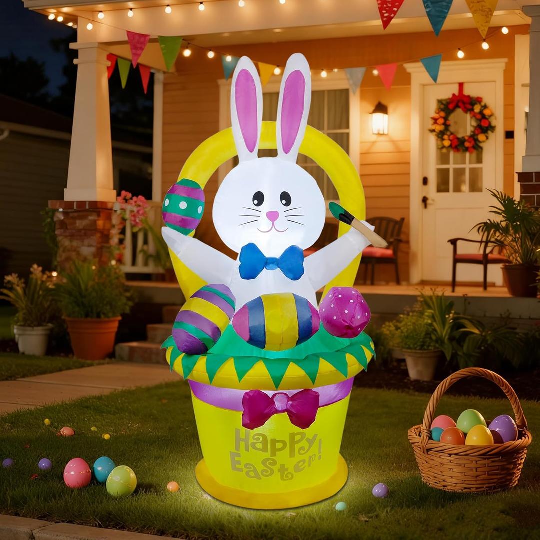 Cllayees 5 FT Easter Inflatable Outdoor Decoration, Inflatables Bunny with Basket and Eggs, Happy Easter Blow up Rabbit for Yard Lawn Garden Holiday Party